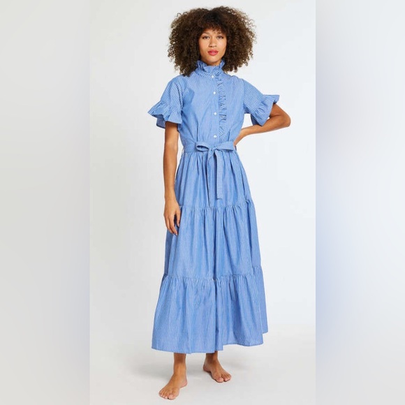 Mille Victoria Dress Tiered Ruffled Maxi In Harbor Stripe. Size M - Picture 2 of 14